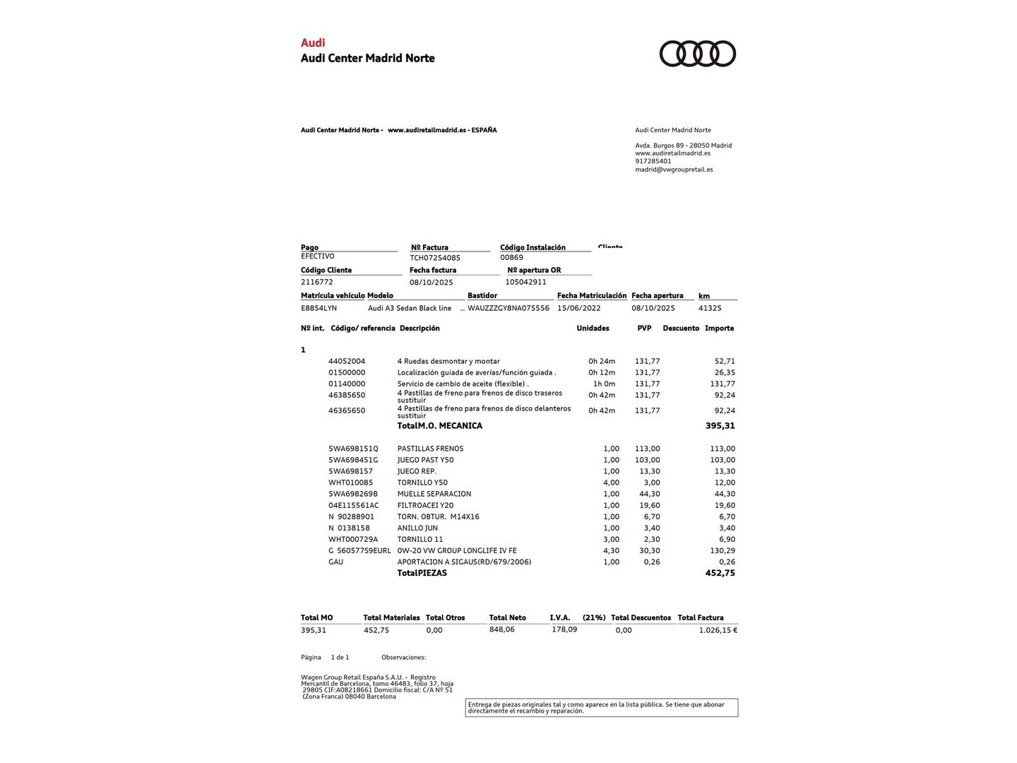 Foto del mantenimiento del Audi A3 Audi A3 Sedan Black line 35 TFSI (150 CV) S tronic