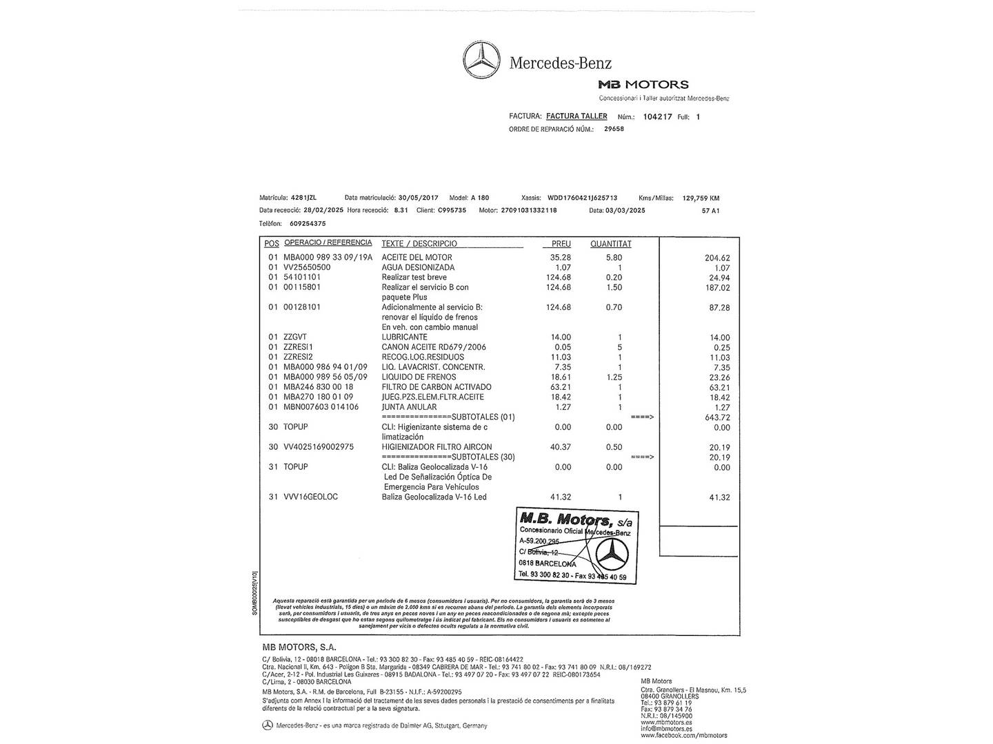 Foto del mantenimiento del Mercedes Clase A Mercedes Clase A 180 (122 CV)