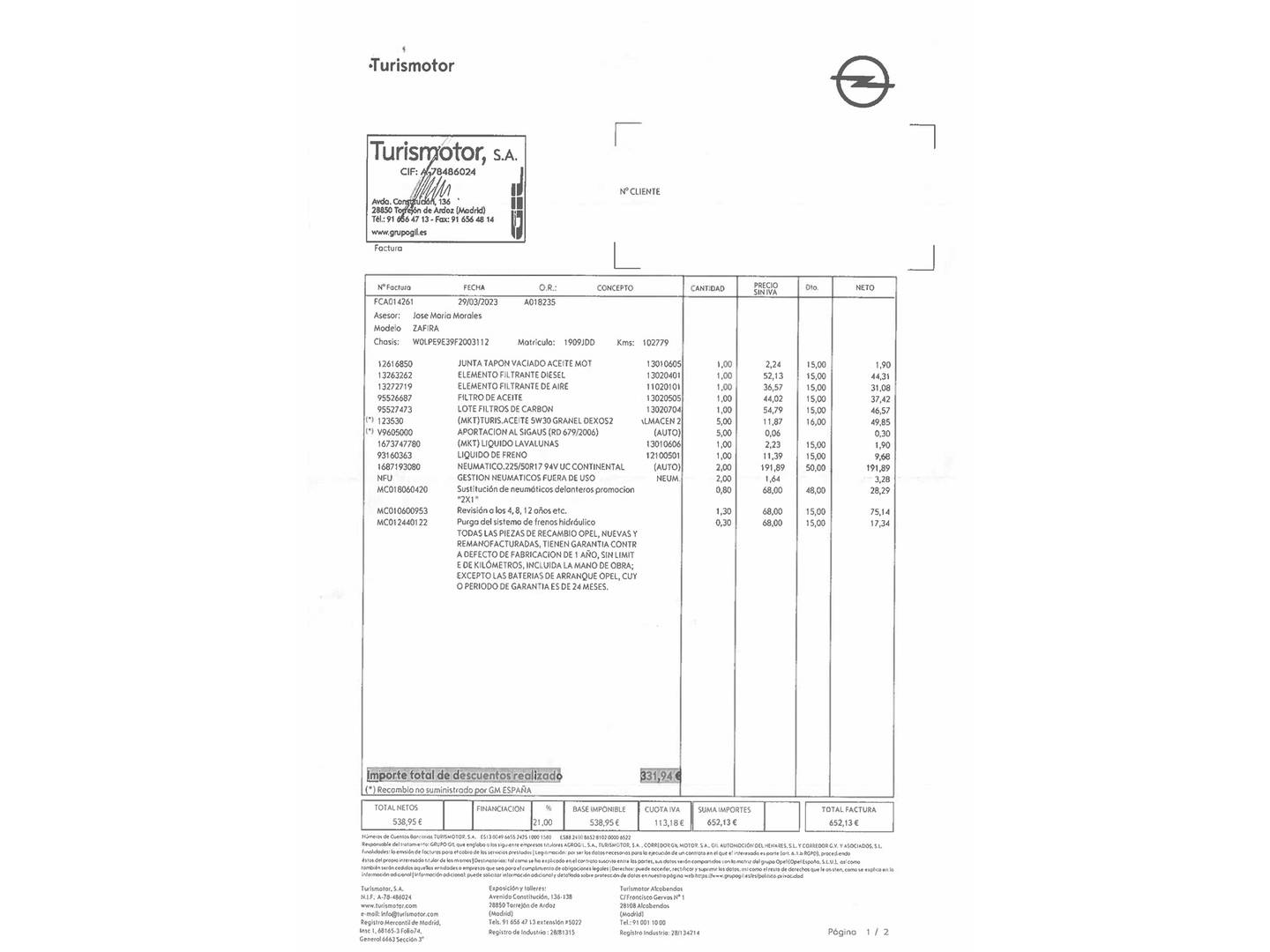 Foto del mantenimiento del Opel Zafira Tourer Opel Zafira Tourer 1.6 CDTi S&S Excellence (136 CV) 7 Plazas