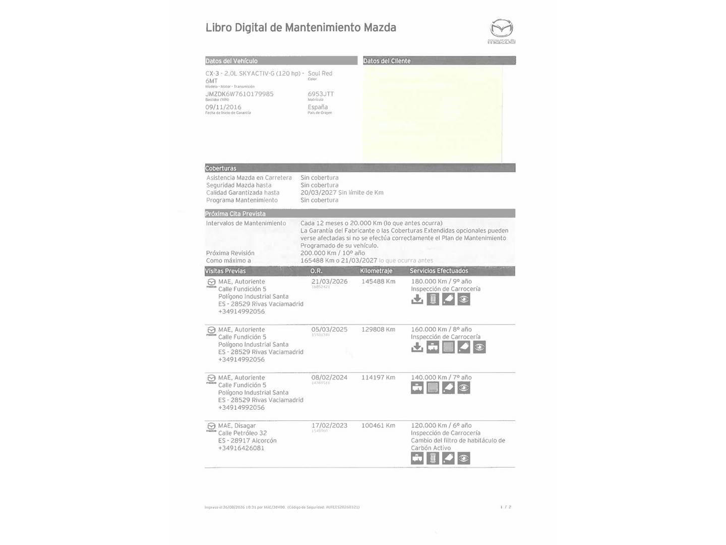 Foto del mantenimiento del Mazda CX-3 Mazda CX-3 2.0 SKYACTIV GE Style+ 2WD (120 CV)