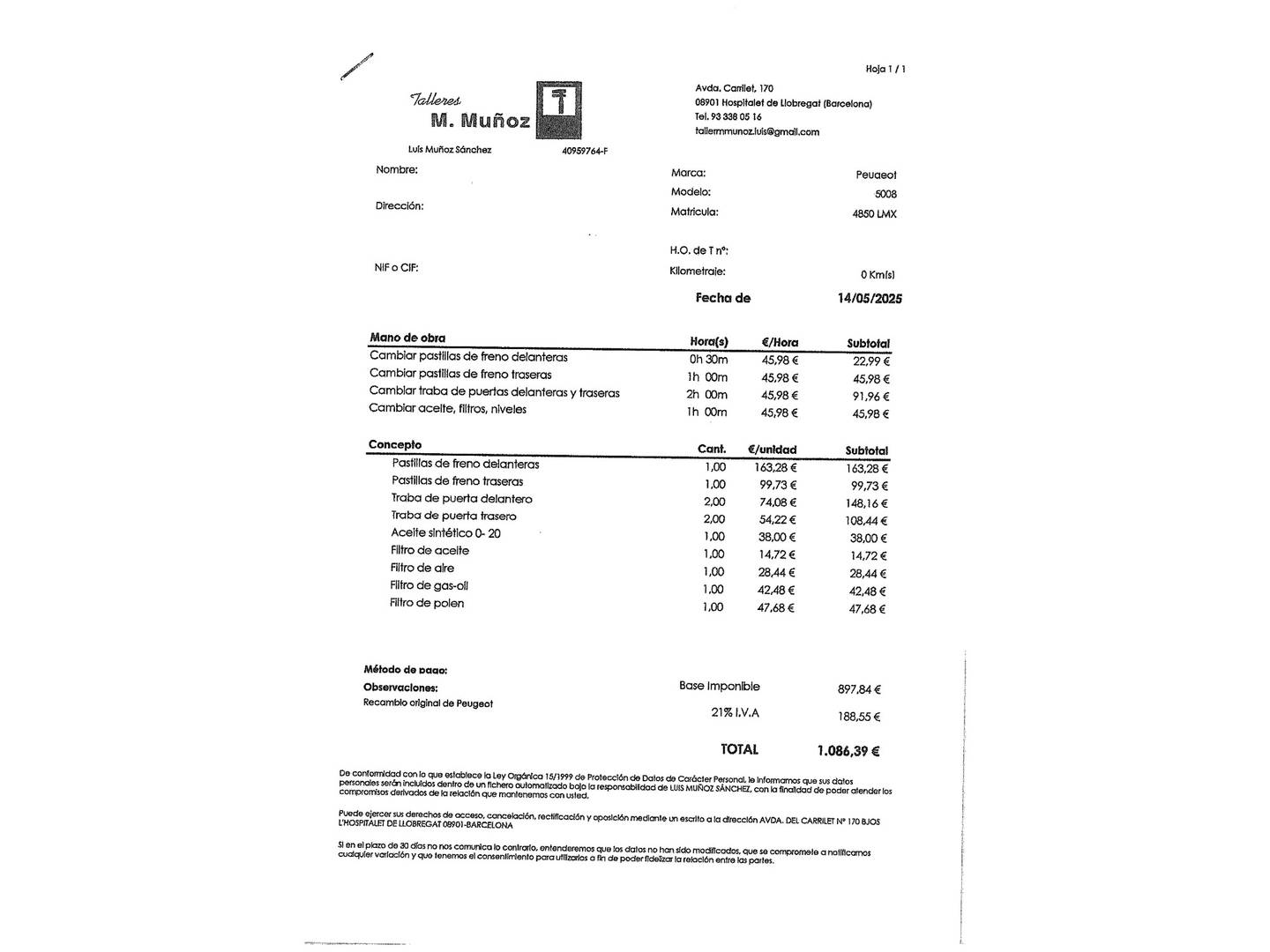 Foto del mantenimiento del Peugeot 5008 Peugeot 5008 BlueHDI 130 S&S GT (130 CV) 7 Plazas