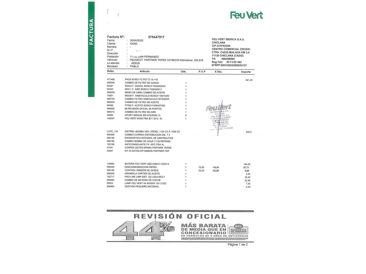 Foto del mantenimiento del Peugeot Partner Peugeot Partner Tepee Tepee Access BlueHDi (75 CV)