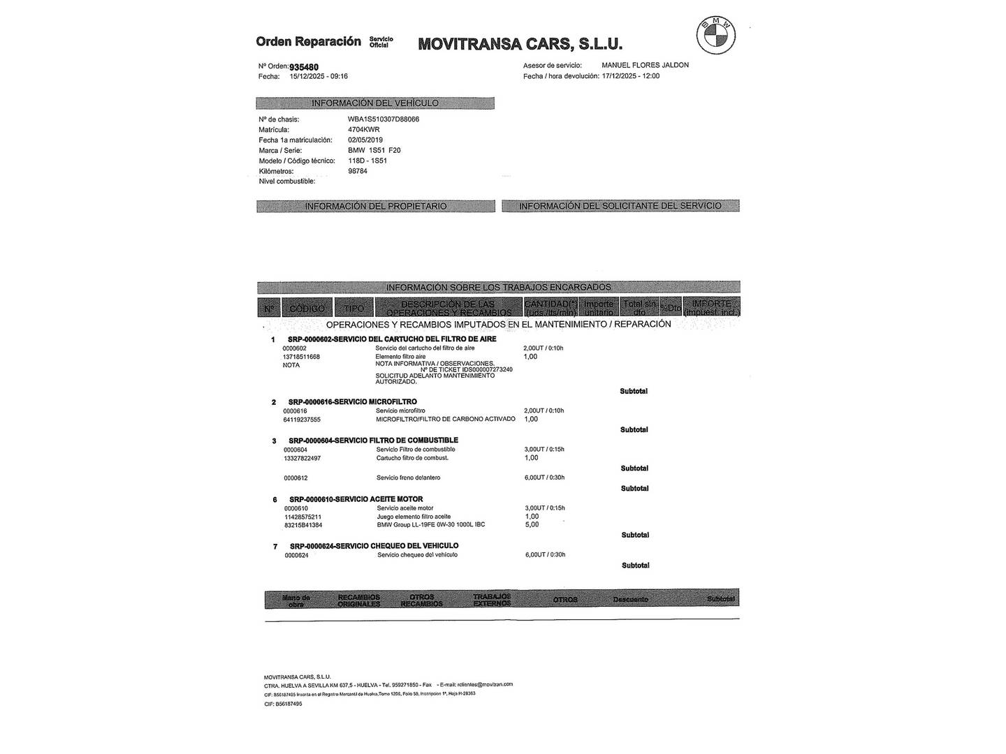 Foto del mantenimiento del BMW Serie 1 BMW Serie 1 118d (150 CV)