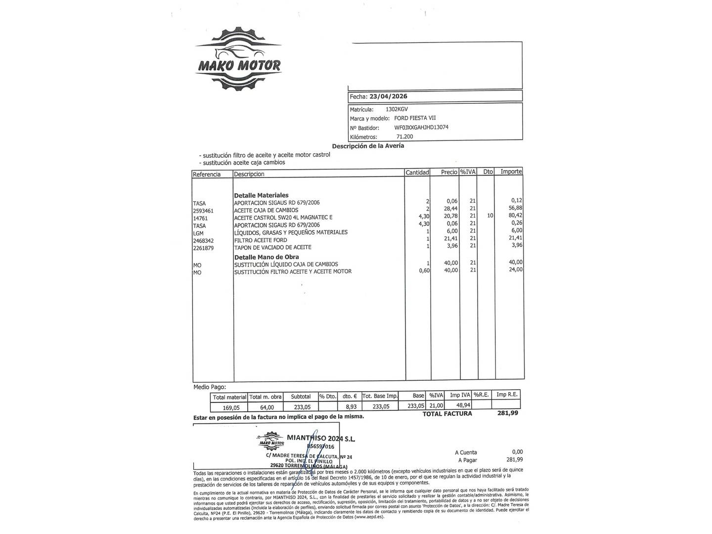 Foto del mantenimiento del Ford Fiesta Ford Fiesta 1.1 Ti-VCT Trend+ (85 CV)