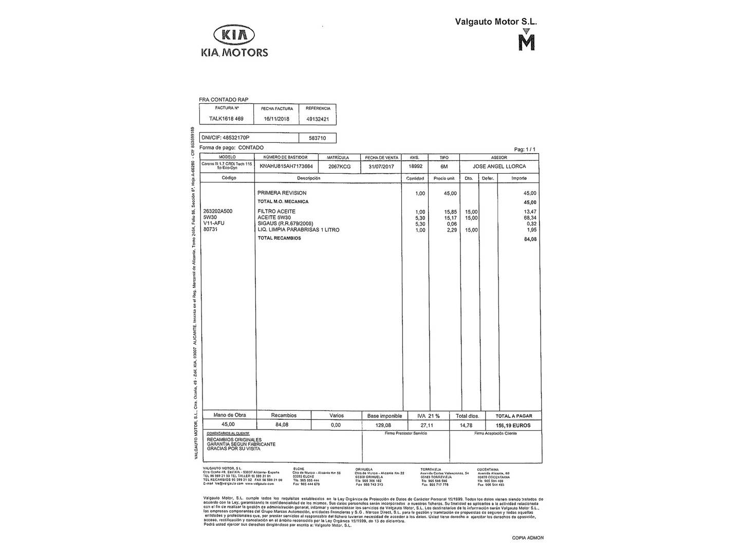Foto del mantenimiento del KIA Carens KIA Carens 1.7 CRDi VGT Eco-Dynam x-Tech (115 CV)