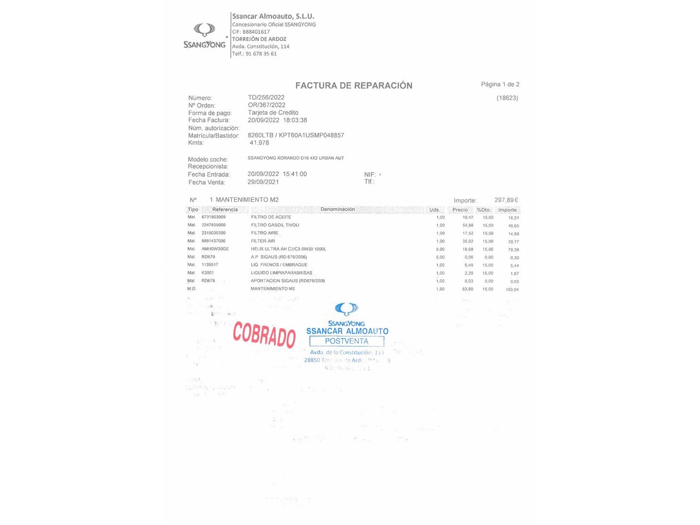 Foto del mantenimiento del SsangYong Korando SsangYong Korando D16T Urban Auto (136 CV)