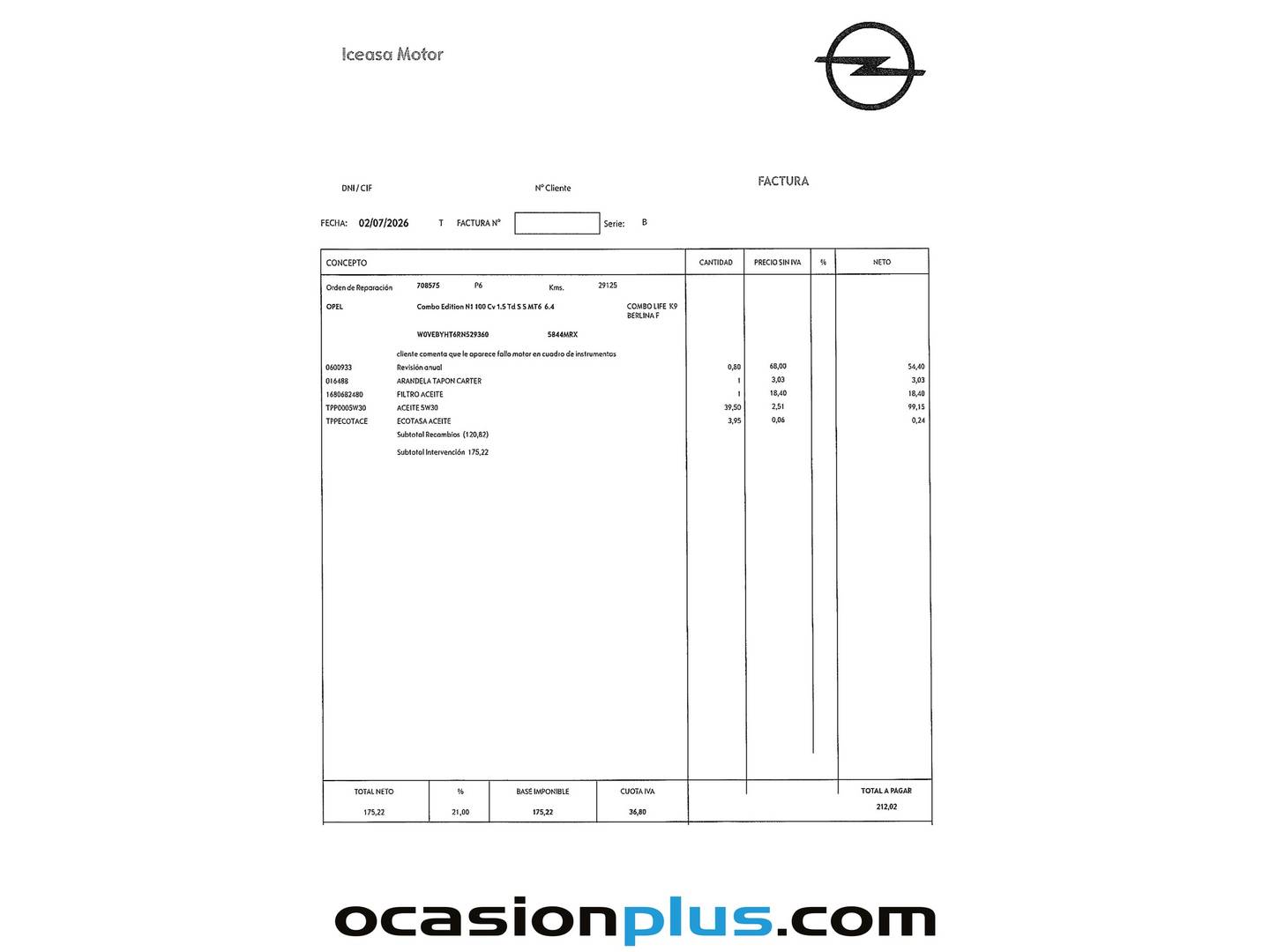 Foto del mantenimiento del Opel Combo Opel Combo Combi 1.5 Td (100 CV)