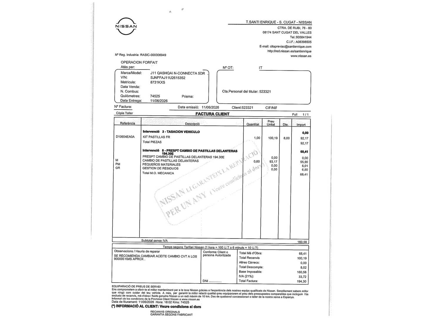Foto del mantenimiento del Nissan QASHQAI Nissan Qashqai DIG-T 160 N-Connecta 4x2 DCT (160 CV)