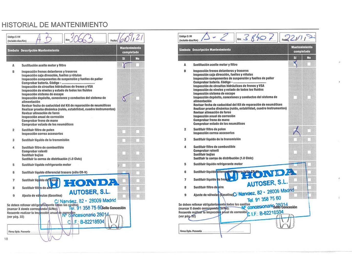 Foto del mantenimiento del Honda Civic Honda Civic 1.0 I-VTEC TURBO Elegance Navi (126 CV)