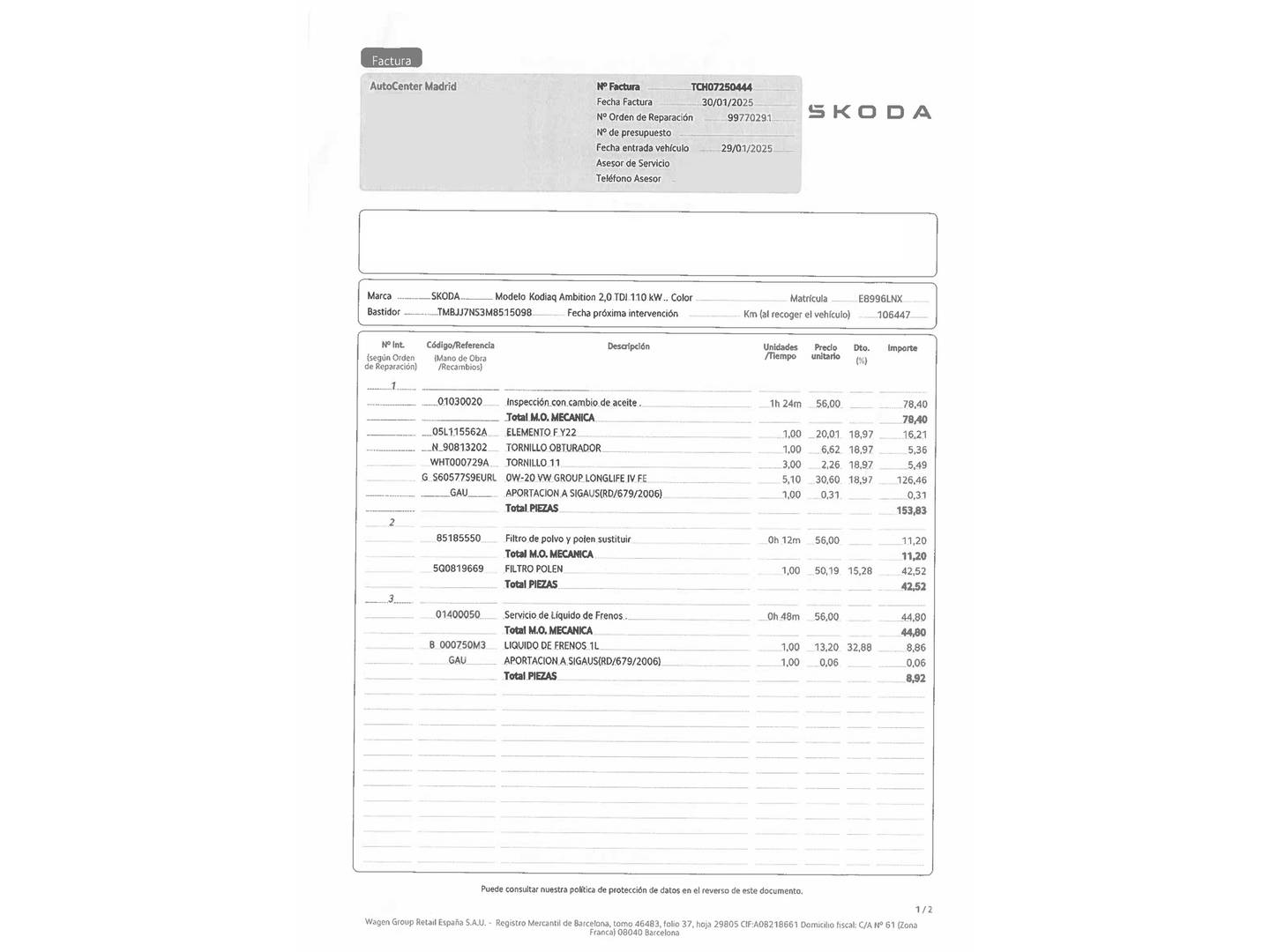 Foto del mantenimiento del Skoda Kodiaq Skoda Kodiaq 2.0 TDI Ambition 4x2 DSG (150 CV) 7 Plazas