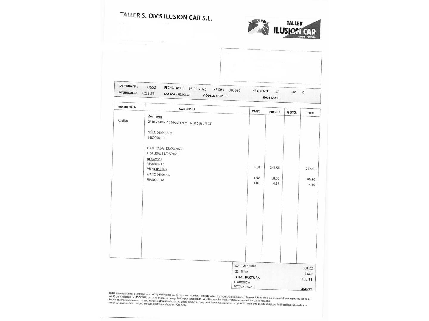 Foto del mantenimiento del Peugeot Expert Peugeot Expert Furgon BlueHDi 100 Premium Long (102 CV)