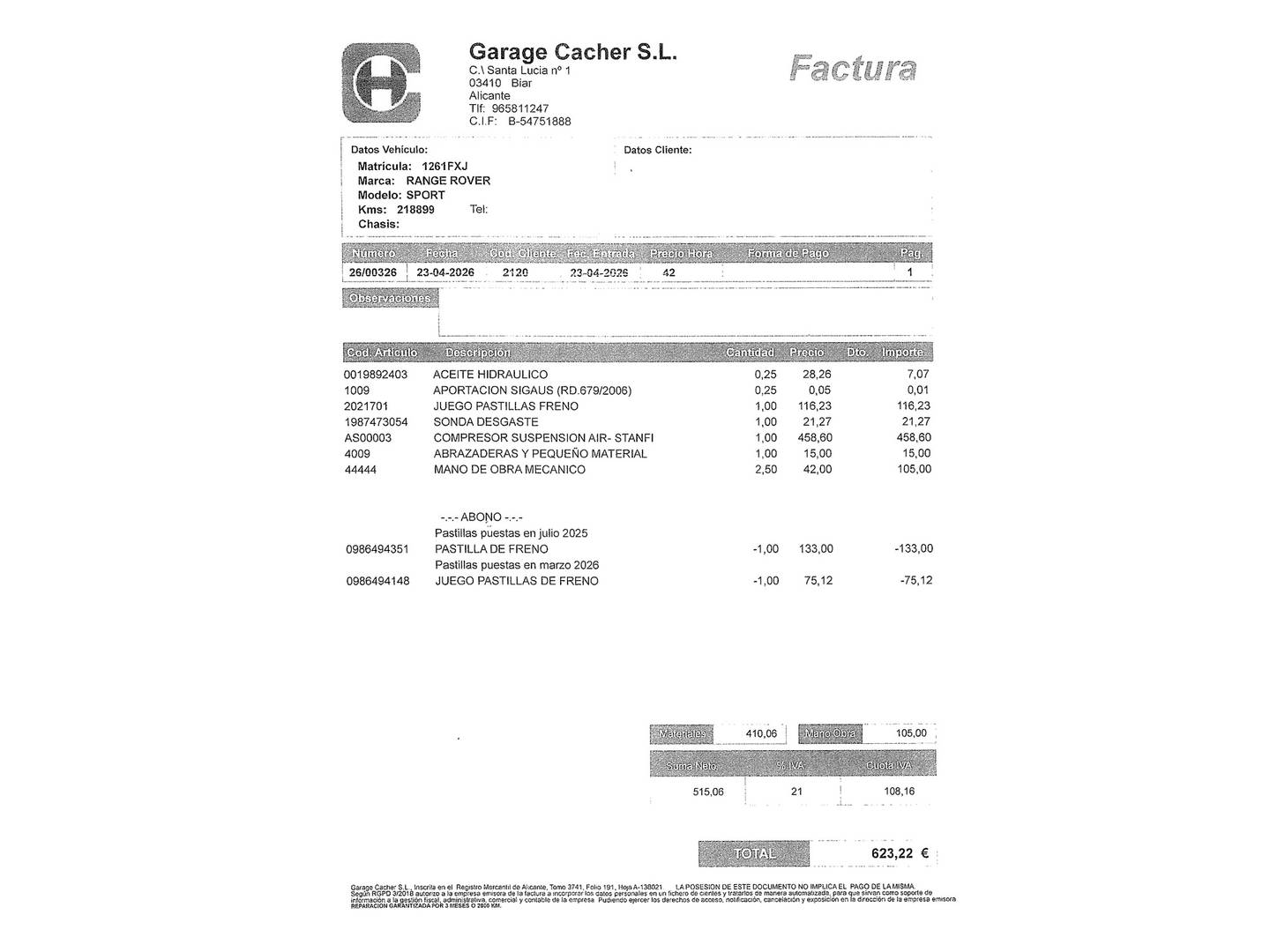 Foto del mantenimiento del Land Rover Range Rover Sport Land Rover Range Rover Sport 3.6 TD V8 SE (272 CV)