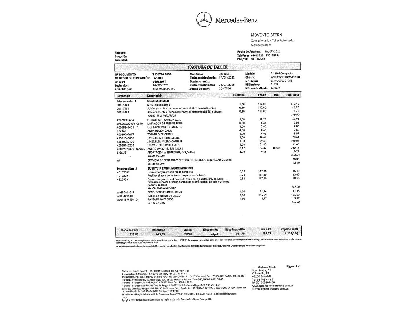 Foto del mantenimiento del Mercedes Clase A Mercedes Clase A 180 d (116 CV)