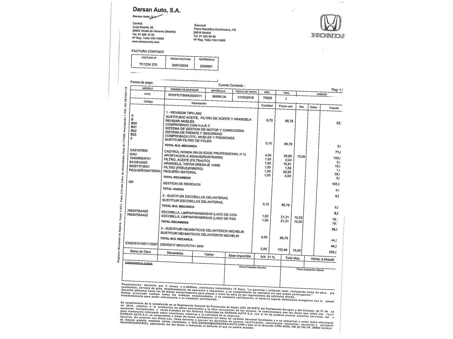 Foto del mantenimiento del Honda Civic Honda Civic 1.5 VTEC Turbo Sport Plus (182 CV)