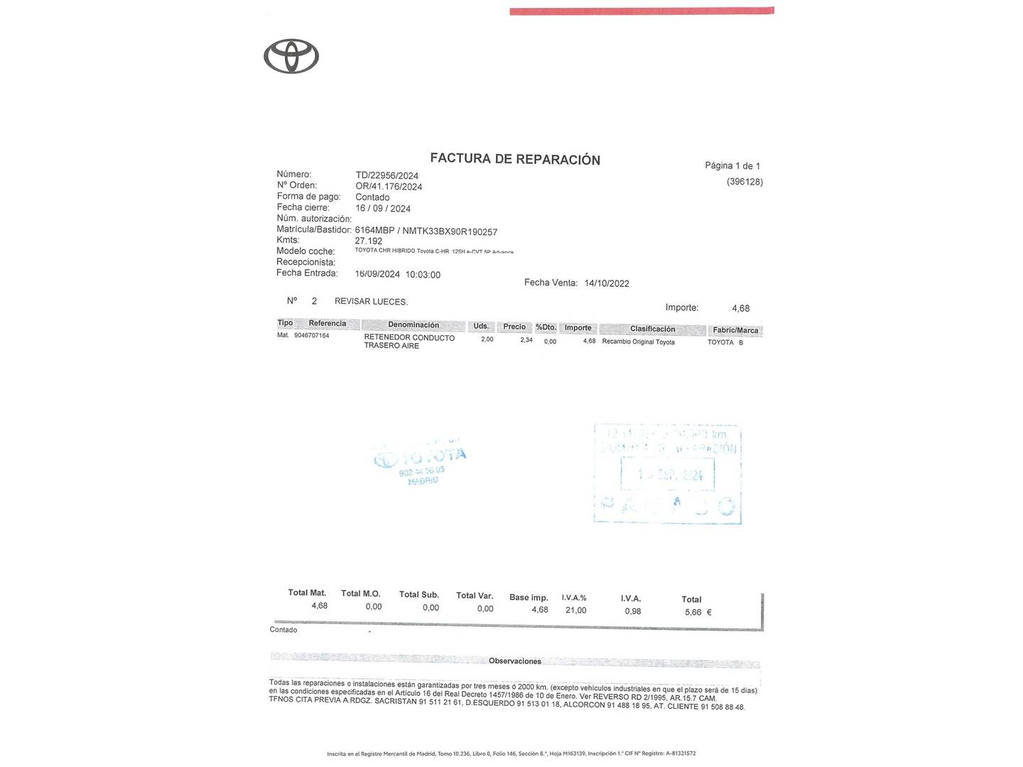 Foto del mantenimiento del Toyota C-HR Toyota C-HR 1.8 125H Advance (122 CV)