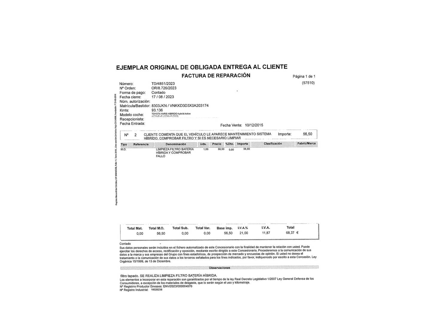 Foto del mantenimiento del Toyota Yaris Toyota Yaris 100H Advance (100 CV)