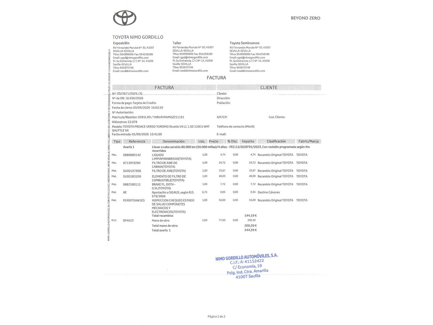 Foto del mantenimiento del Toyota Proace Verso Toyota Proace Verso 1.5D VX Shuttle L2 (120 CV) 9 Plazas