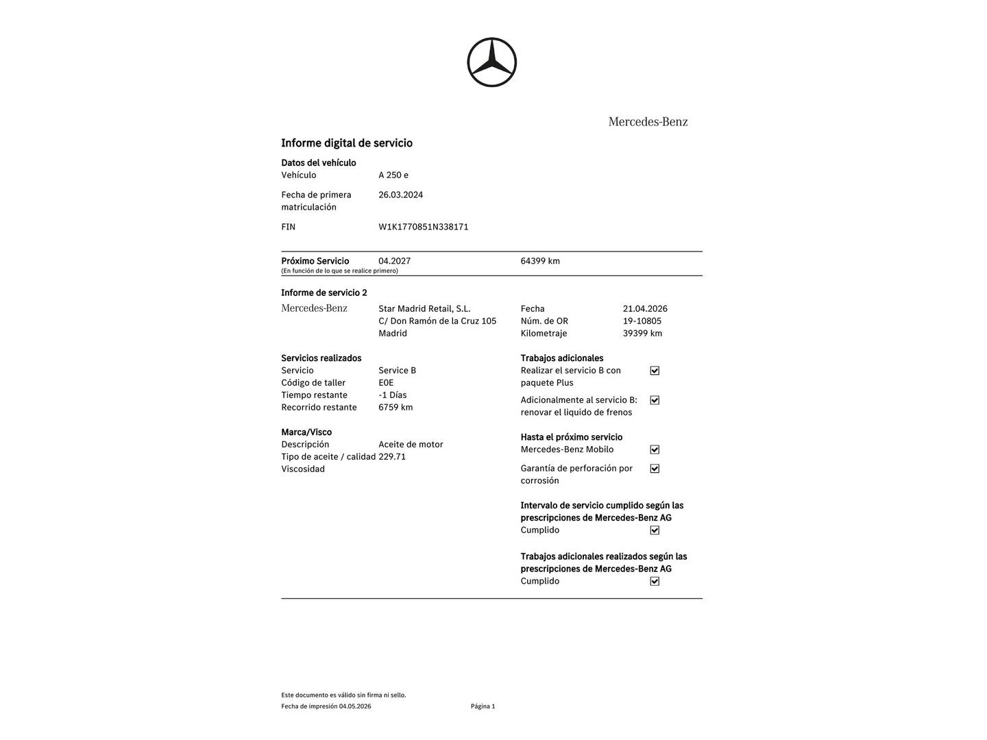 Foto del mantenimiento del Mercedes Clase A Mercedes Clase A 250 e (218 CV)