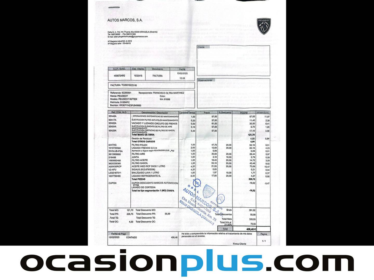 Foto del mantenimiento del Peugeot Rifter Peugeot Rifter BlueHDi 130 S&S GT Business Standard EAT8 (130 CV)