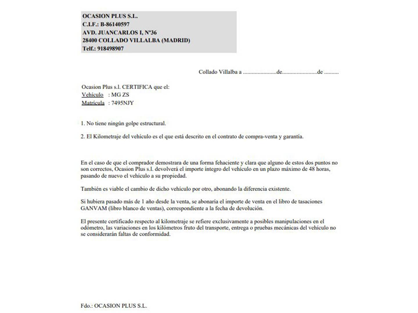 Foto del certificado del MG ZS MG ZS 1.5 Hybrid+ Luxury (197 CV)