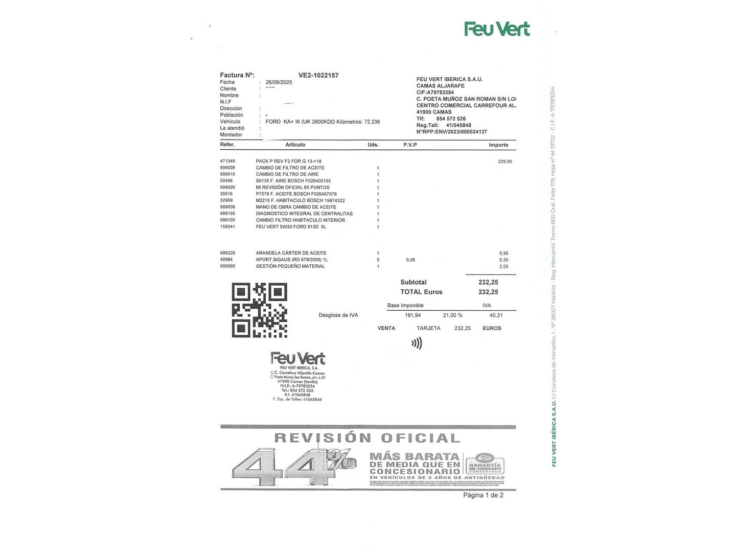 Foto del mantenimiento del Ford Ka+ Ford Ka+ 1.2 Ti-VCT Ultimate (85 CV)