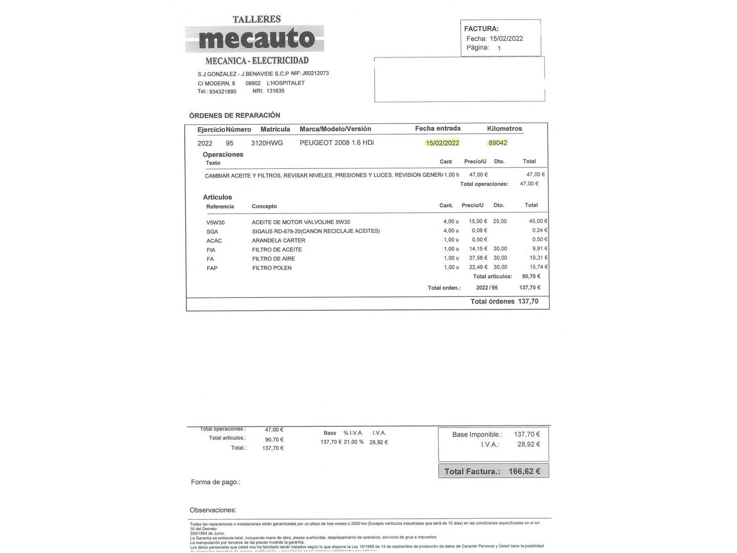 Foto del mantenimiento del Peugeot 2008 Peugeot 2008 e-HDI 115 Allure (115 CV)