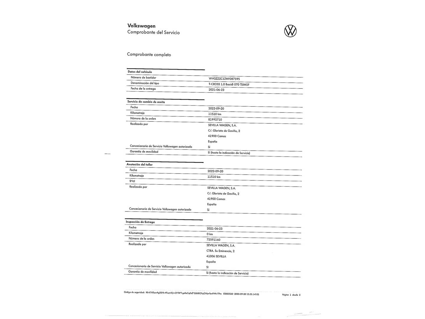 Foto del mantenimiento del Volkswagen T-Cross Volkswagen T-Cross Edition 1.0 TSI (95 CV)