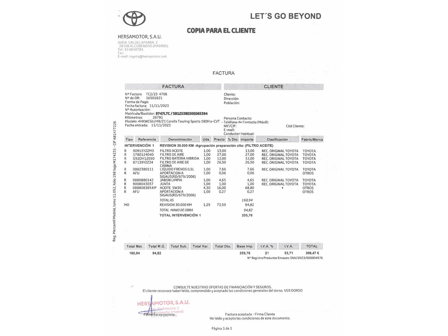 Foto del mantenimiento del Toyota Corolla Toyota Corolla Touring Sports 180H Advance E-CVT (180 CV)