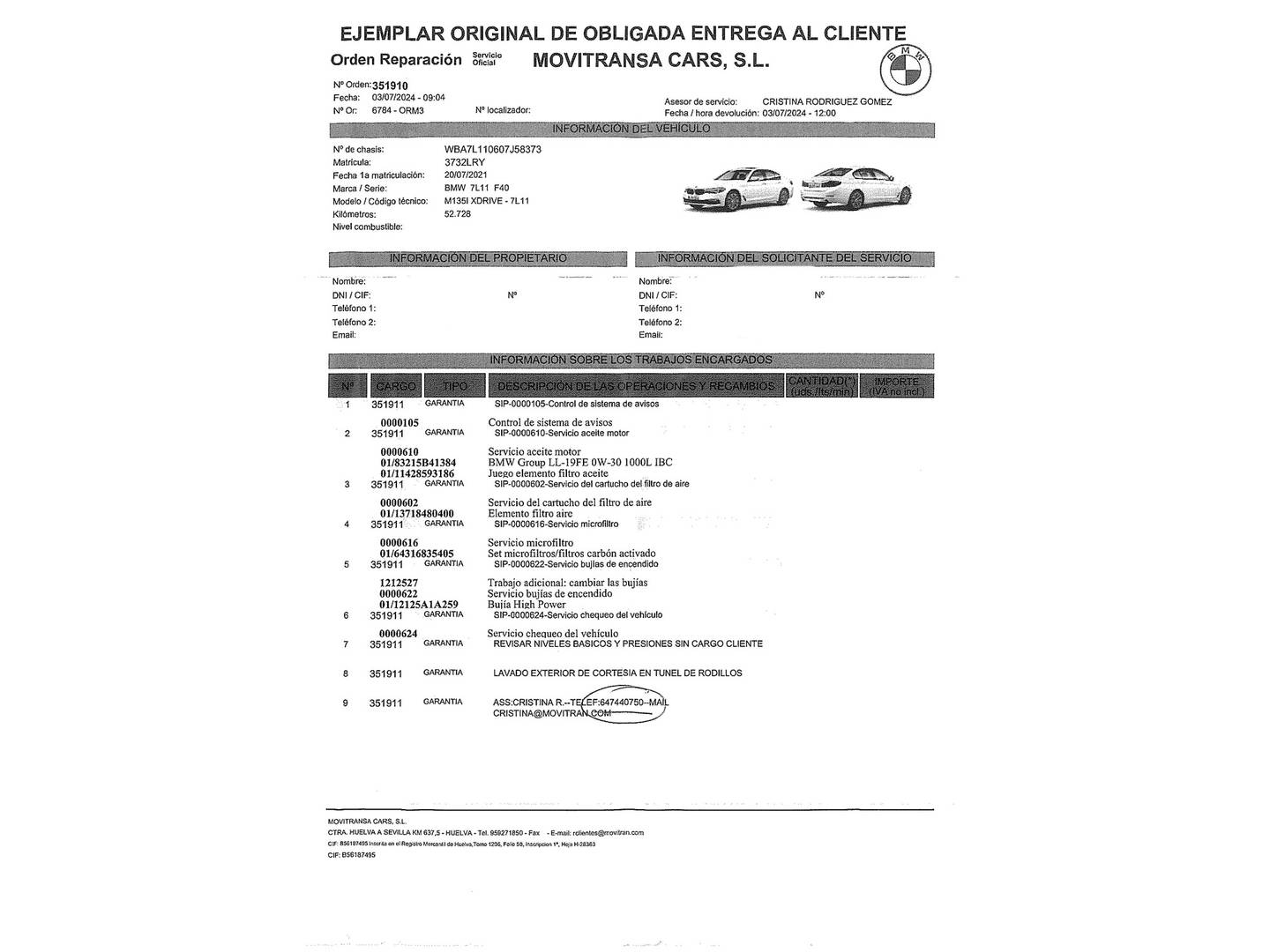 Foto del mantenimiento del BMW Serie 1 BMW Serie 1 M135i (306 CV)