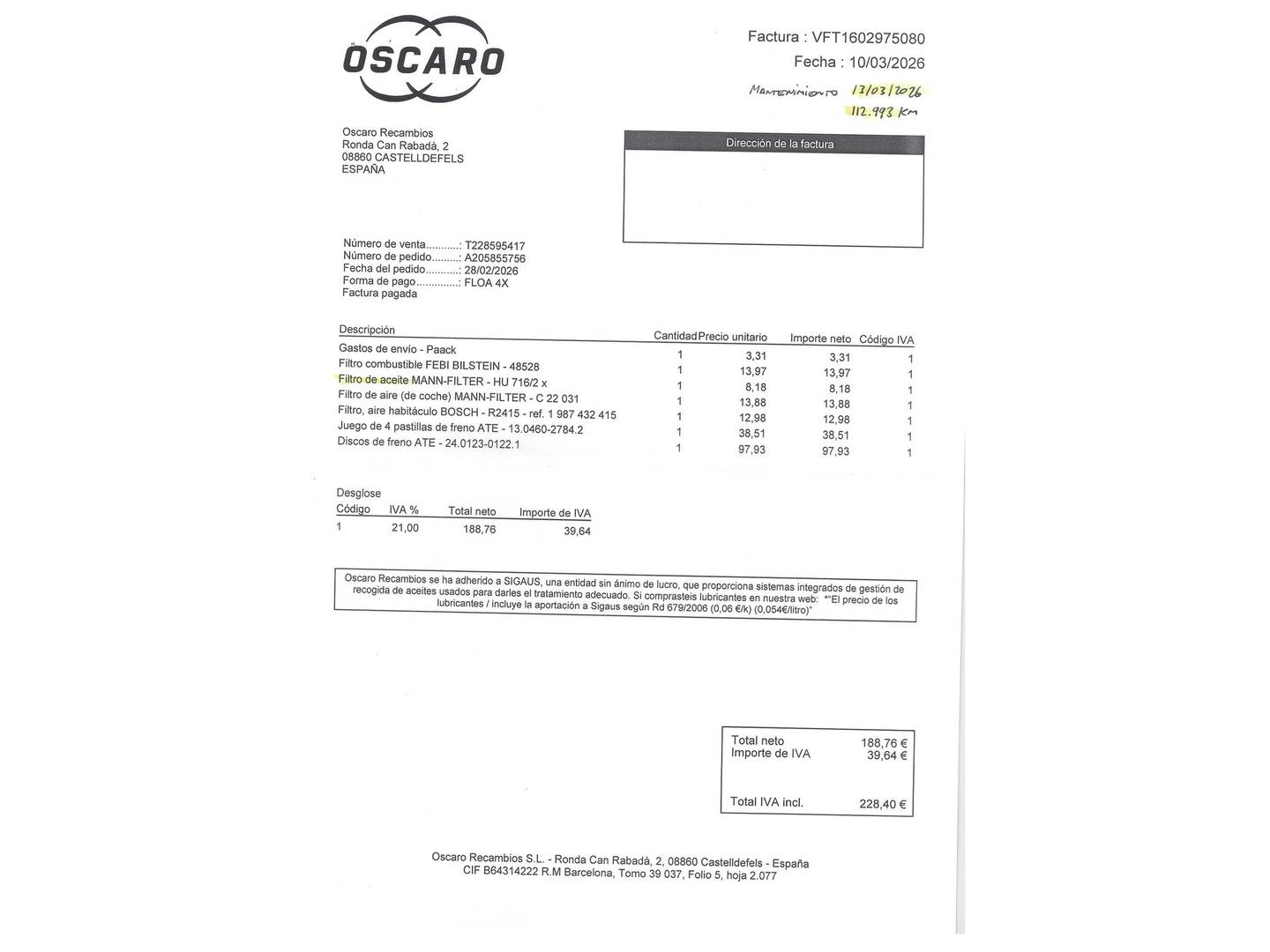 Foto del mantenimiento del Ford Tourneo Courier Ford Tourneo Courier 1.5 TDCi Sport (100 CV)