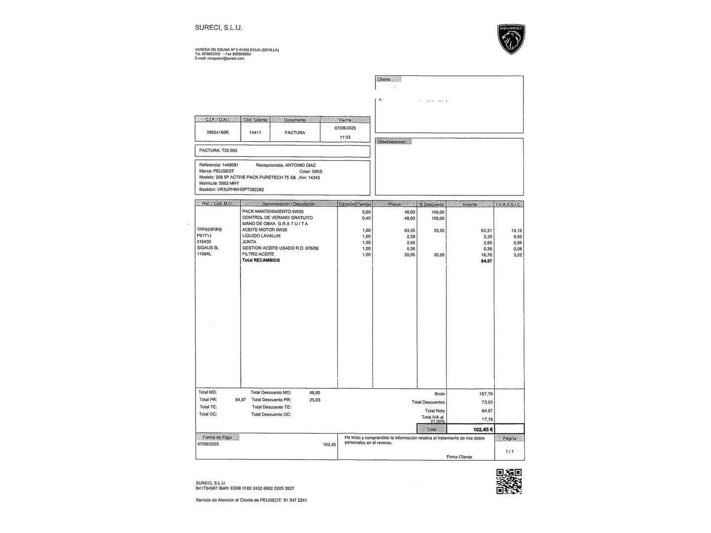 Foto del mantenimiento del Peugeot 208 Peugeot 208 PureTech 75 S&S Active Pack (75 CV)