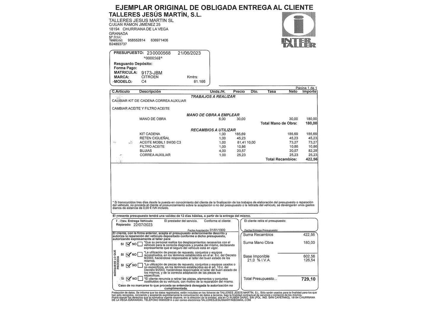 Foto del mantenimiento del Citroën C4 Picasso Citroën C4 Picasso 1.6 THP Intensive (156 CV)