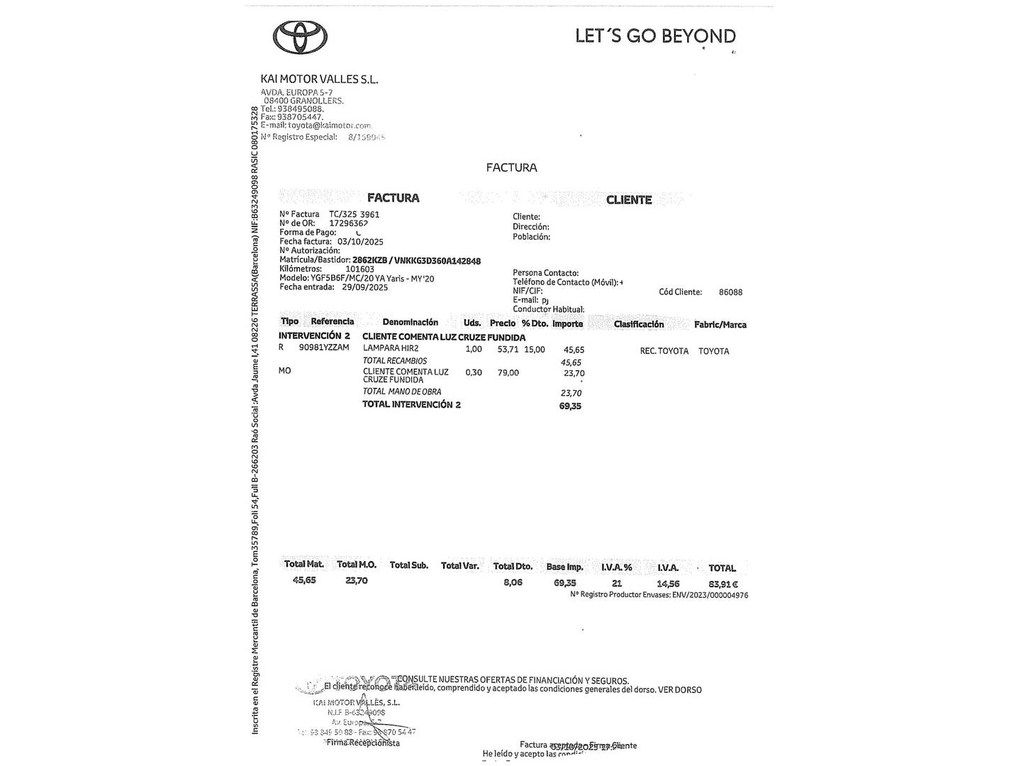 Foto del mantenimiento del Toyota Yaris Toyota Yaris 1.5 Active (111 CV)