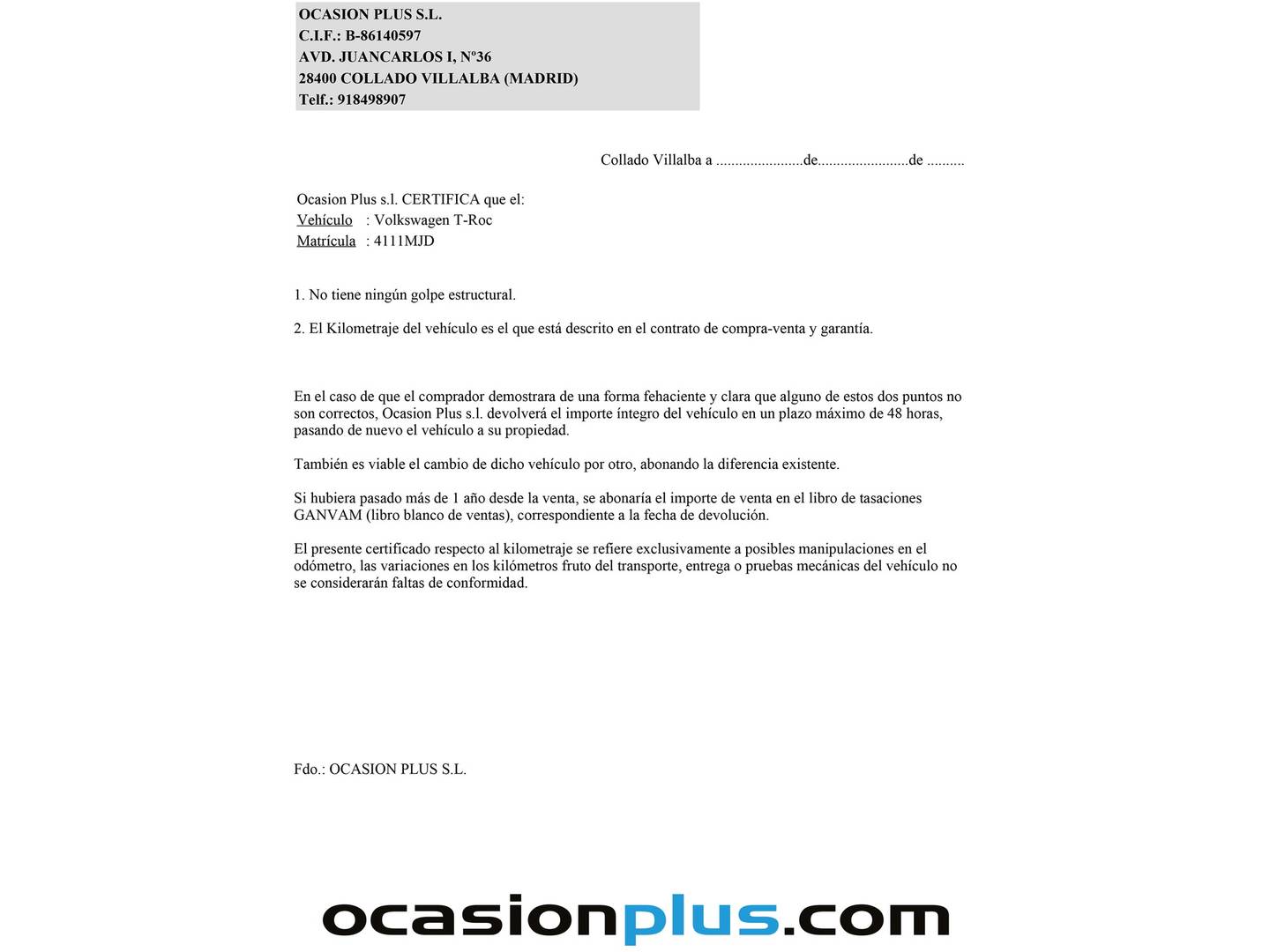 Foto del certificado del Volkswagen T-Roc Volkswagen T-Roc Life 1.5 TSI (150 CV) DSG