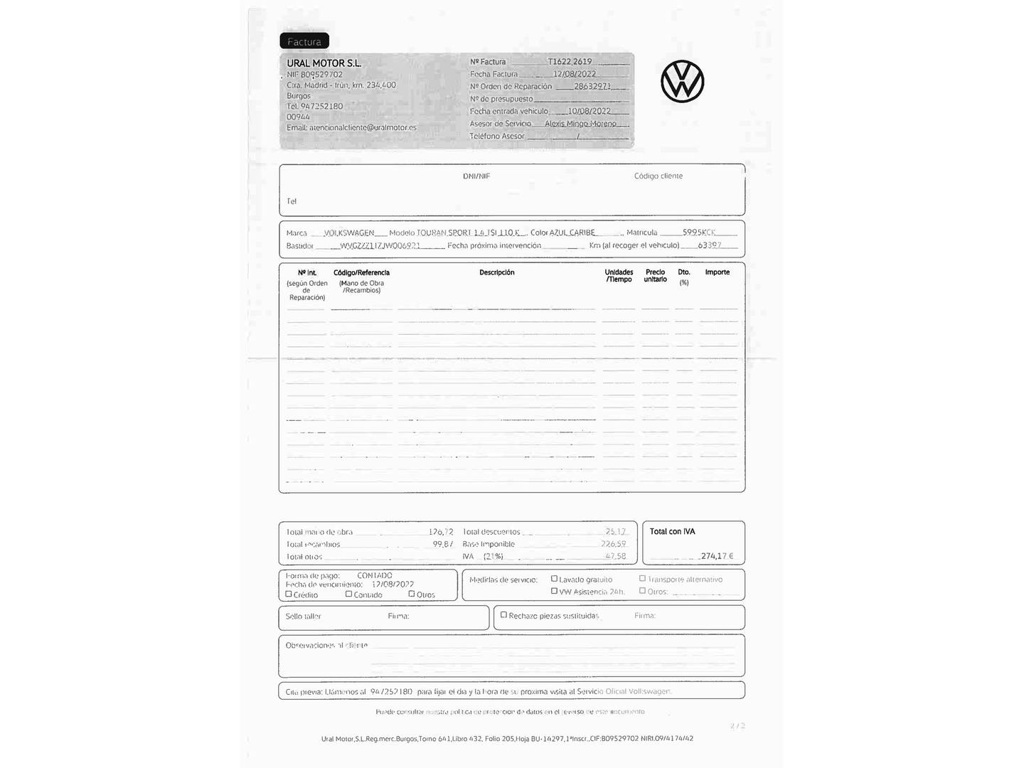 Foto del mantenimiento del Volkswagen Touran Volkswagen Touran Sport 1.4 TSI (150 CV) 7 Plazas