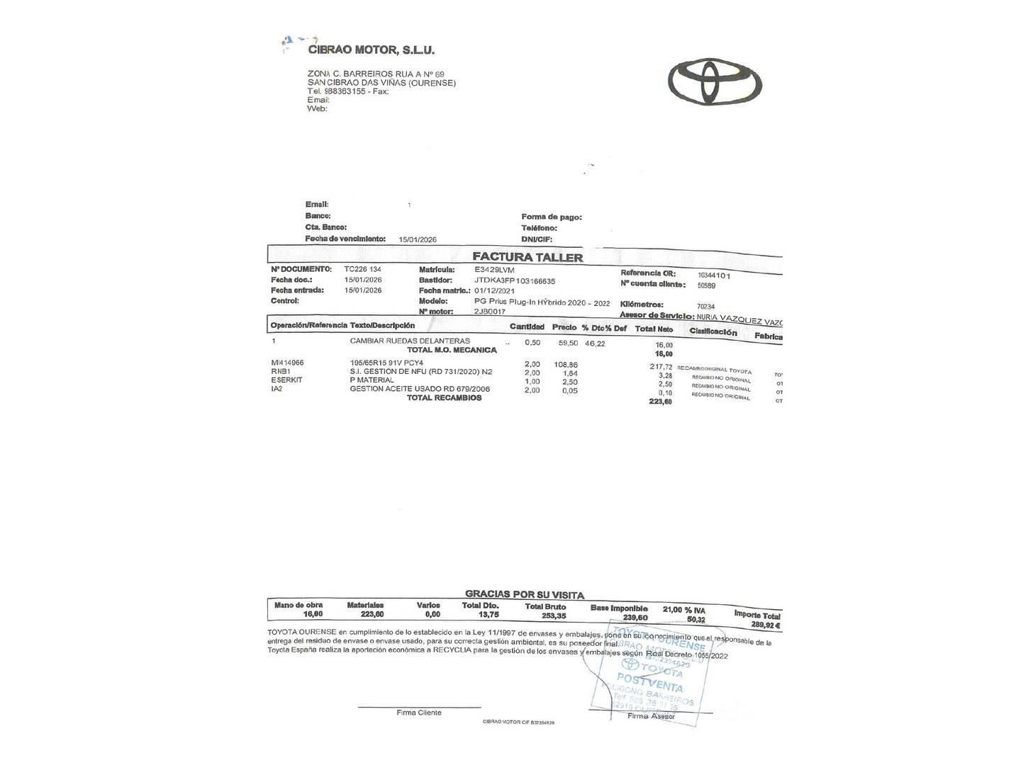 Foto del mantenimiento del Toyota Prius Toyota Prius 125PH Plug-In Solar (122 CV)