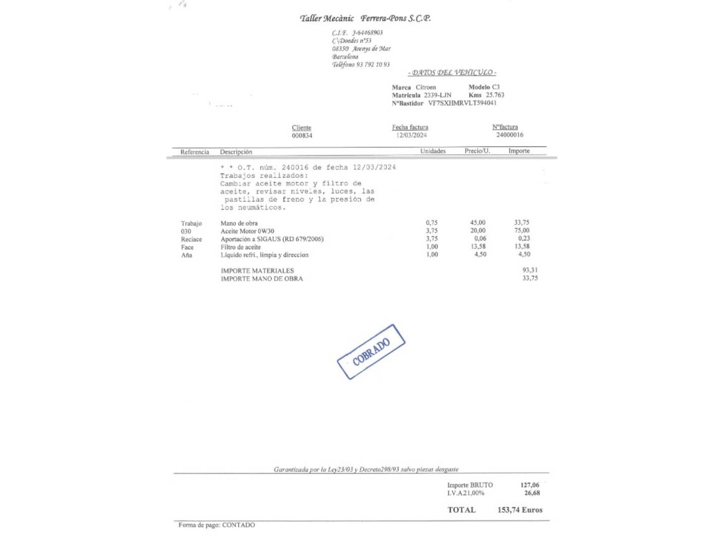 Foto del mantenimiento del Citroën C3 Citroën C3 PureTech Feel Pack (83 CV)