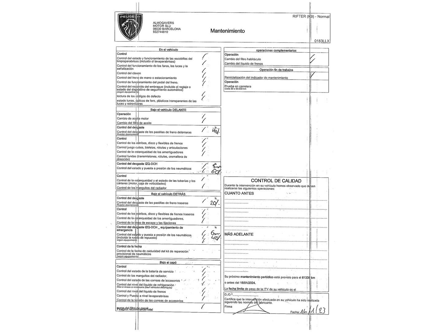 Foto del mantenimiento del Peugeot Rifter Peugeot Rifter BlueHDi 130 GT Standard (130 CV)
