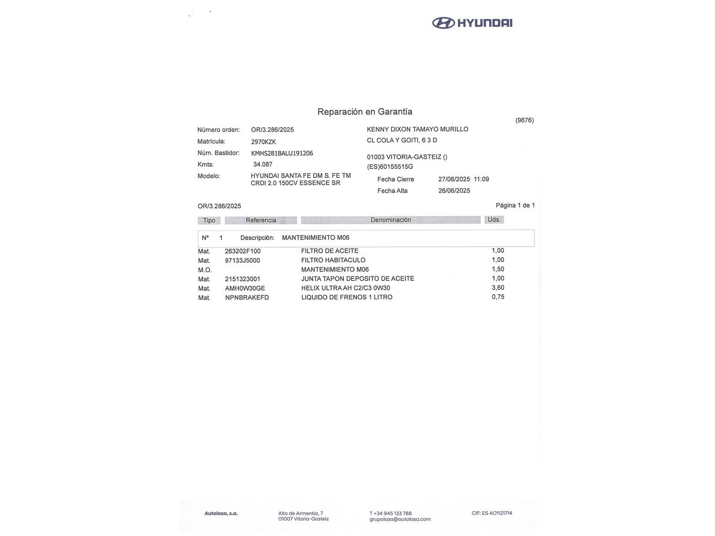 Foto del mantenimiento del Hyundai Santa Fe Hyundai Santa Fe 2.0 CRDI Essence 4x2 (150 CV) 7 Plazas