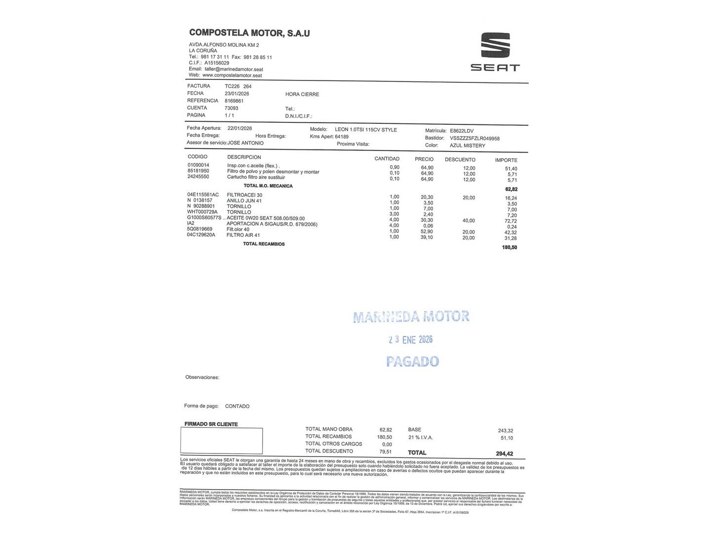 Foto del mantenimiento del Seat León Seat León 1.0 EcoTSI S&S Style Visio Edition (115 CV)