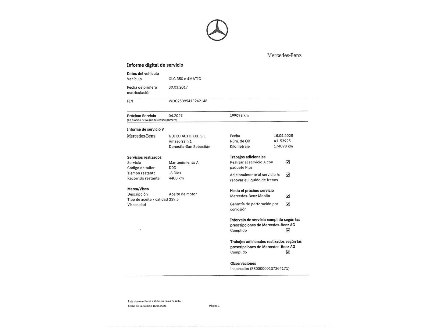Foto del mantenimiento del Mercedes Clase GLC Mercedes GLC GLC 350 e 4Matic (320 CV)