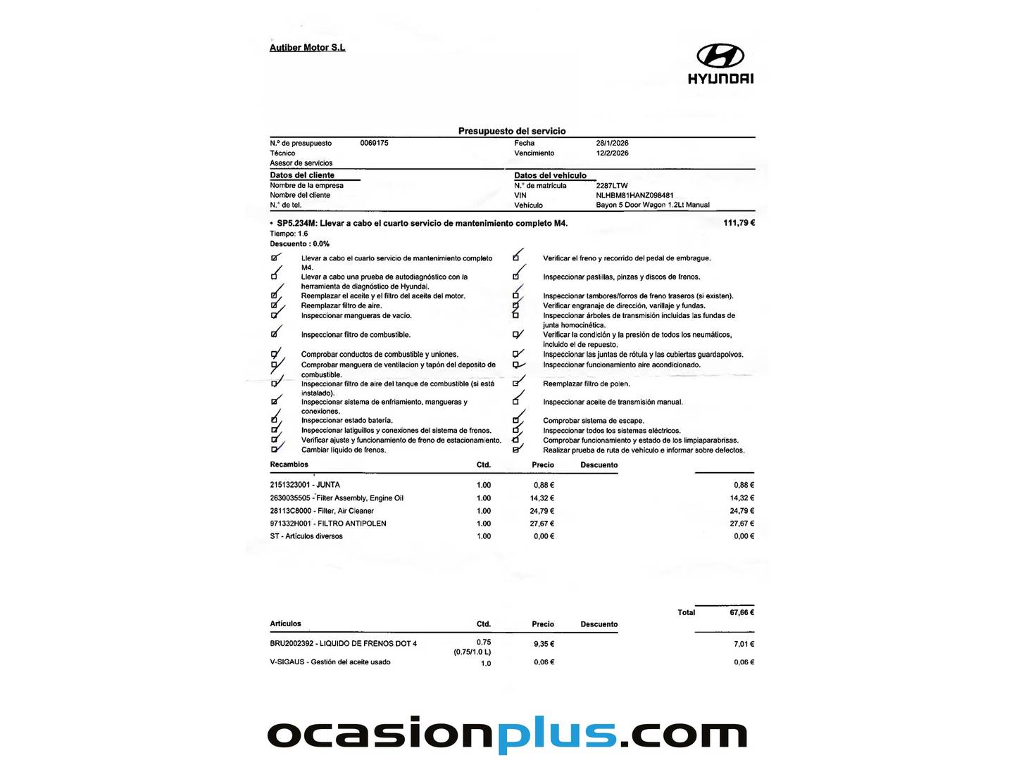 Foto del mantenimiento del Hyundai Bayon Hyundai Bayon 1.2 MPI Essence (84 CV)