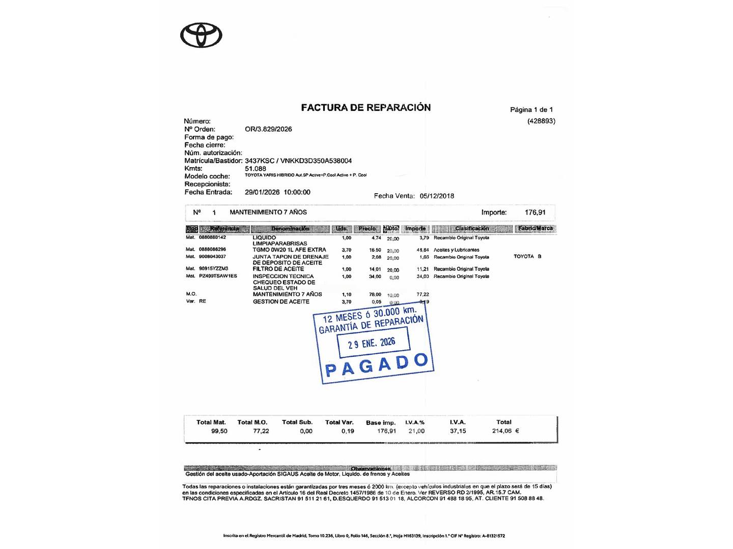Foto del mantenimiento del Toyota Yaris Toyota Yaris 1.5 Hybrid Active (100 CV)