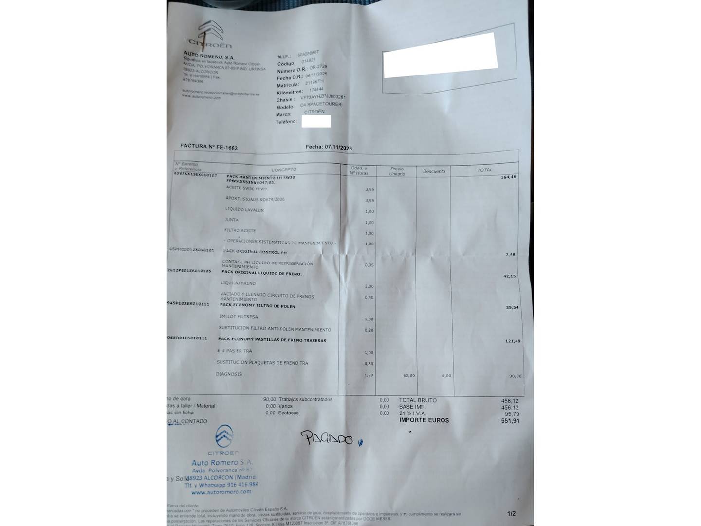 Foto del mantenimiento del Citroën Grand C4 Spacetourer Citroen Grand C4 Spacetourer BlueHDi 130 S&S Feel  (130 CV) 7 Plazas