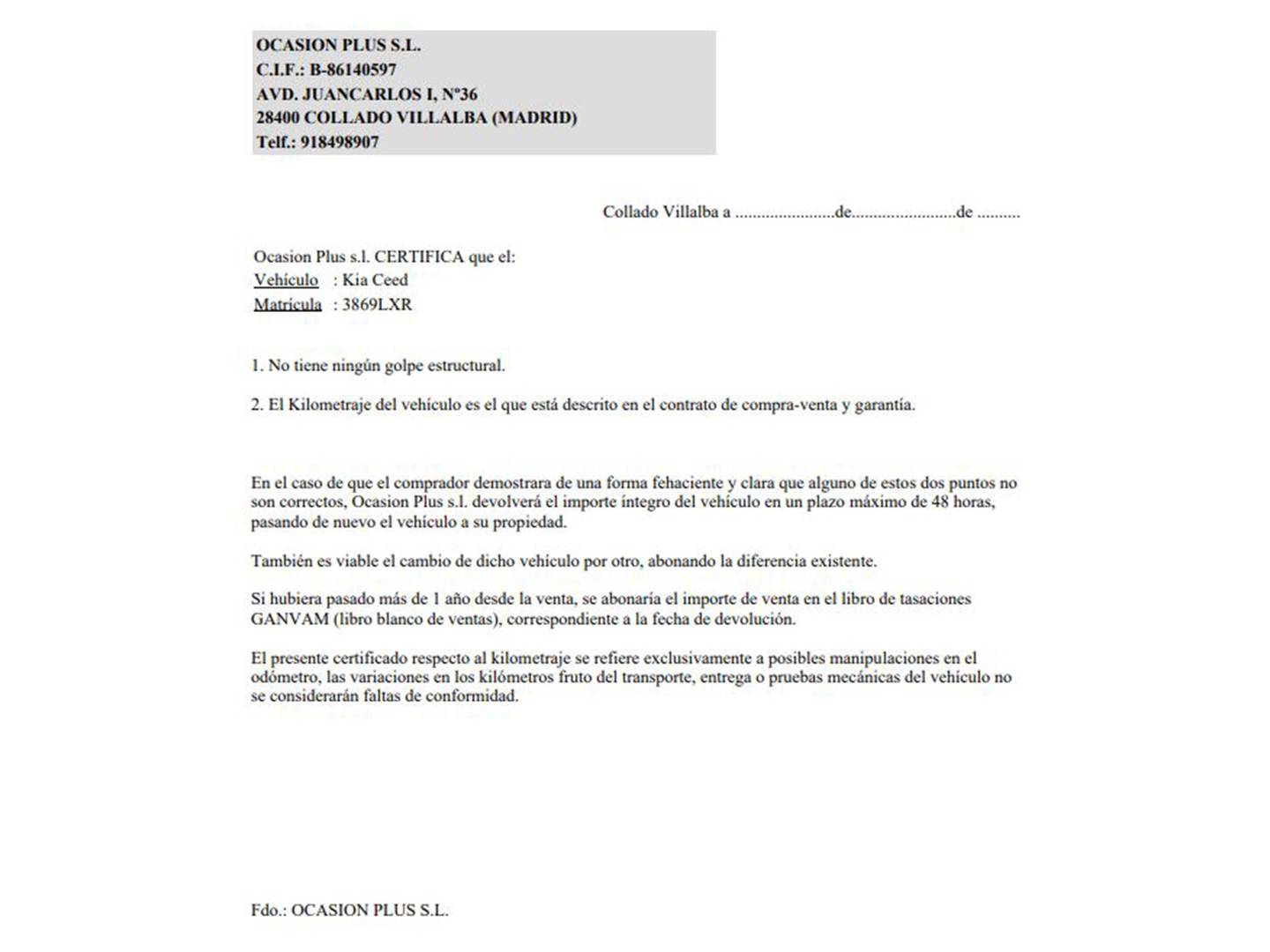 Foto del certificado del KIA Ceed KIA Ceed 1.0 T-GDi Concept (100 CV)