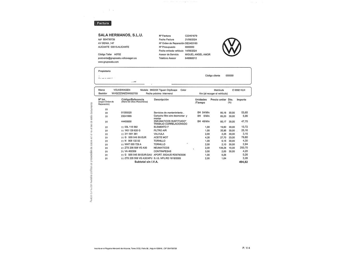 Foto del mantenimiento del Volkswagen Tiguan Volkswagen Tiguan T1 Sport 2.0 TDI BMT 4x2 (140 CV)