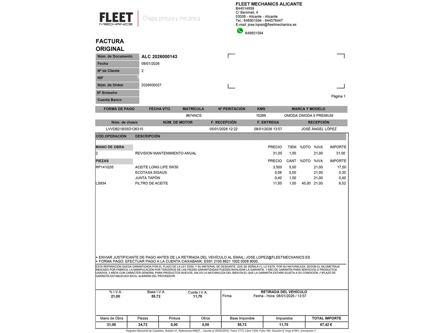 Foto del mantenimiento del OMODA 5 OMODA 5 1.6 TGDI Premium (145 CV)