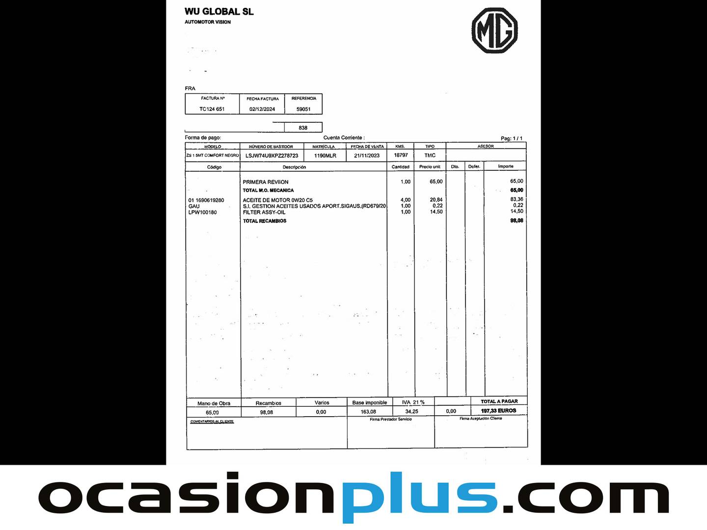 Foto del mantenimiento del MG ZS MG ZS 1.5 Comfort (106 CV)
