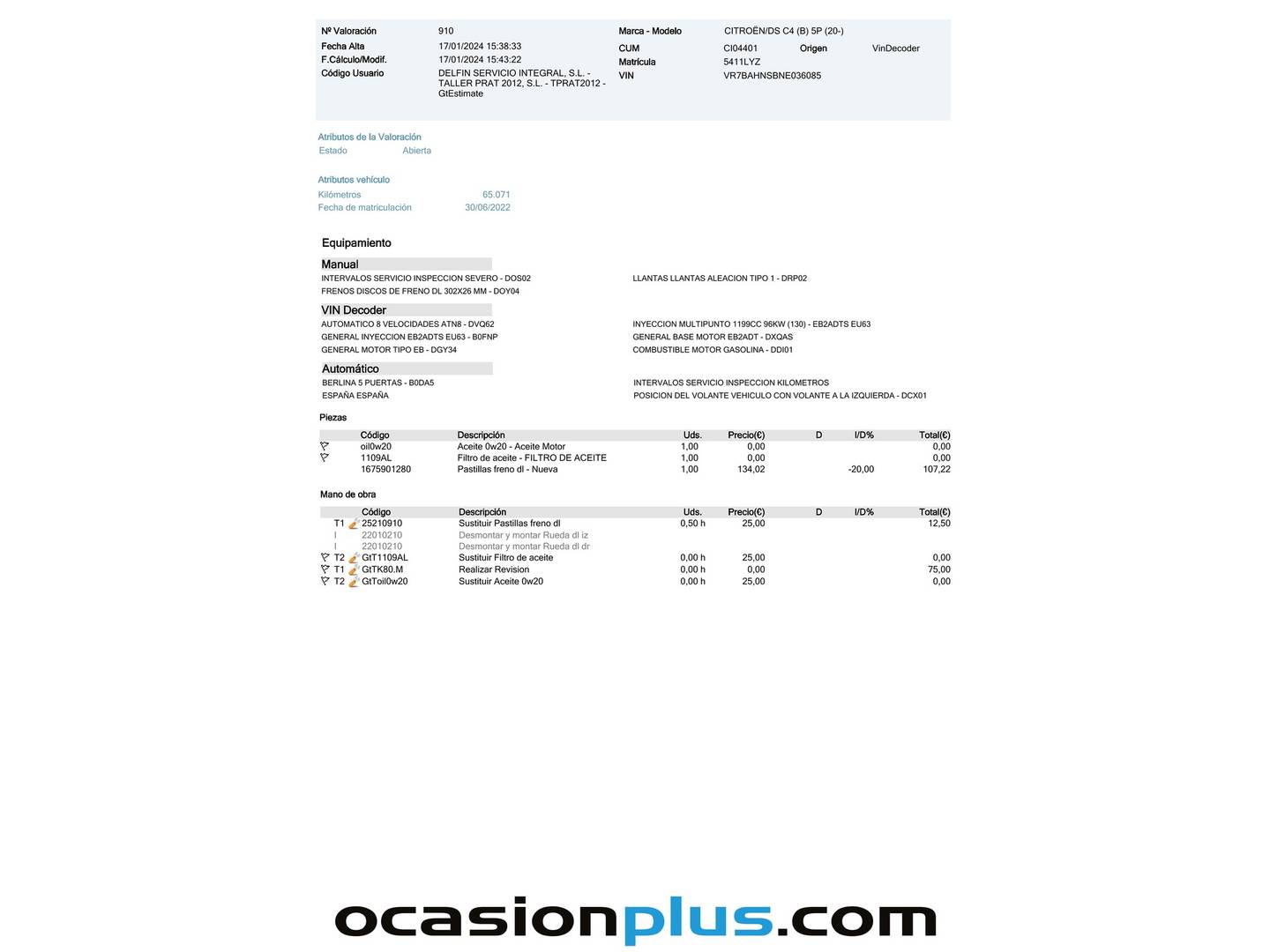 Foto del mantenimiento del Citroën C4 Citroën C4 PureTech 130 S&S 6v Feel Pack EAT8 (130 CV)