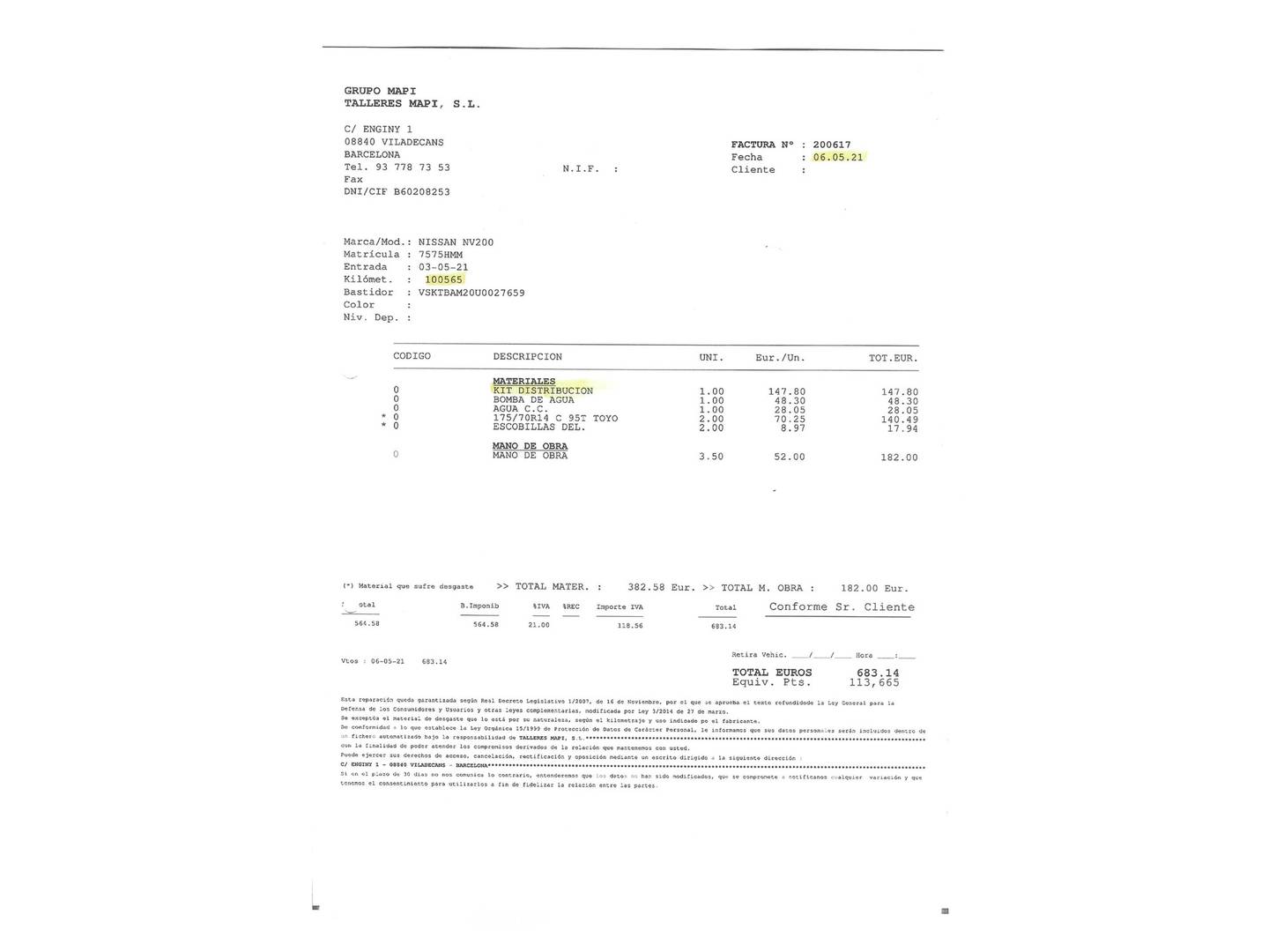 Foto del mantenimiento del Nissan NV200 Nissan NV200 Combi 5 1.5 dCi COMFORT Connect (110 CV)